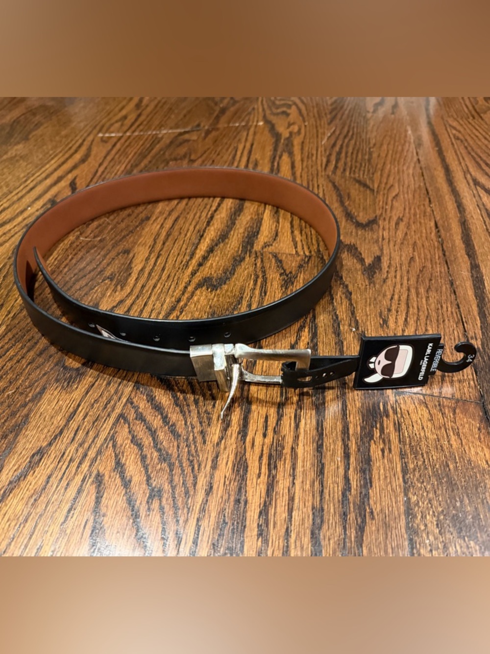 Karl Lagerfeld Black Leather Reversible Belt with Silver Buckle